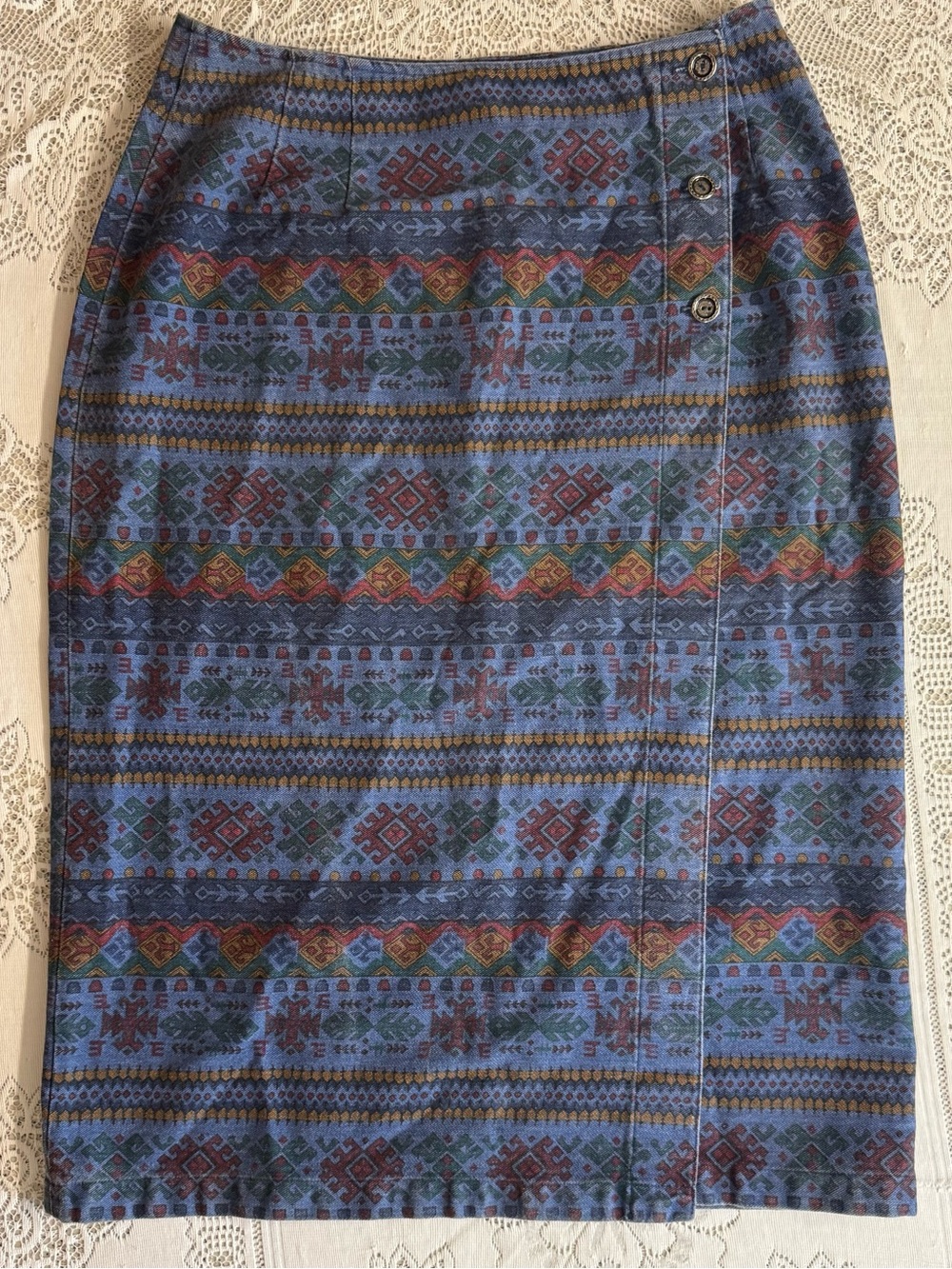 Vintage 80s Susan Bristol Blue Denim Aztec Multicolored Colored Skirt.Size 16W